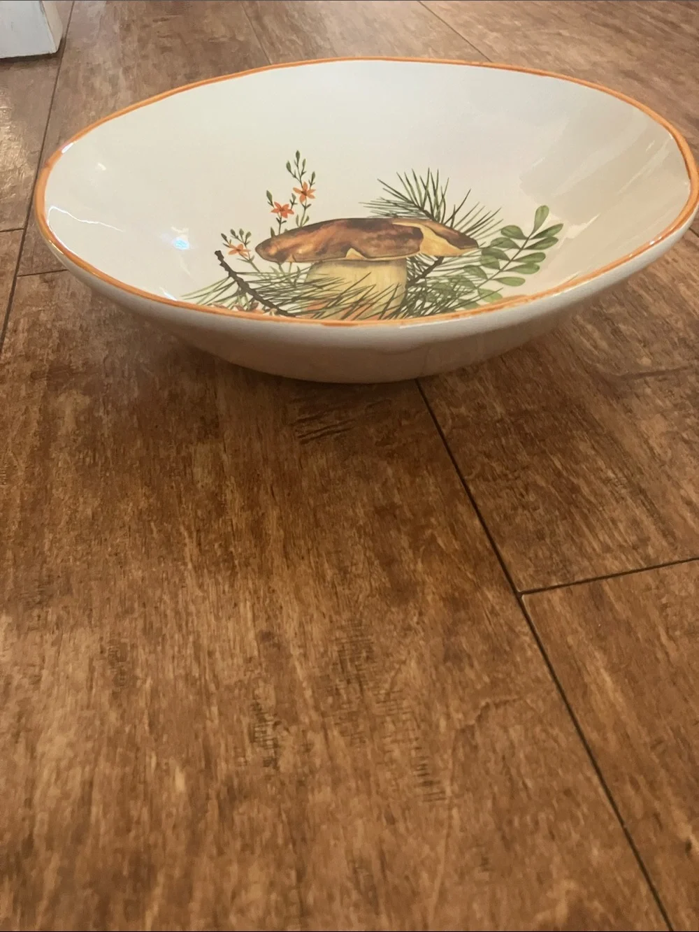 Vintage Cottage Ceramic Serving Bowl with Brown Mushroom & Green Botanical Moti
